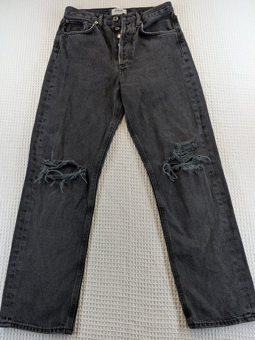 AGOLDE 90s Loose Jeans sz 25 Washed Black Distressed Knee Button Fly